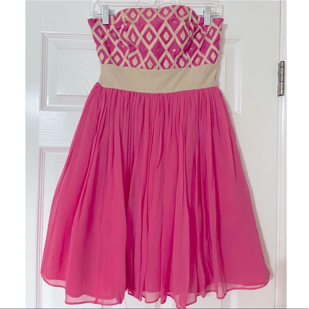 Plenty Frock Pink and Tan Strapless Mini Dress size 2